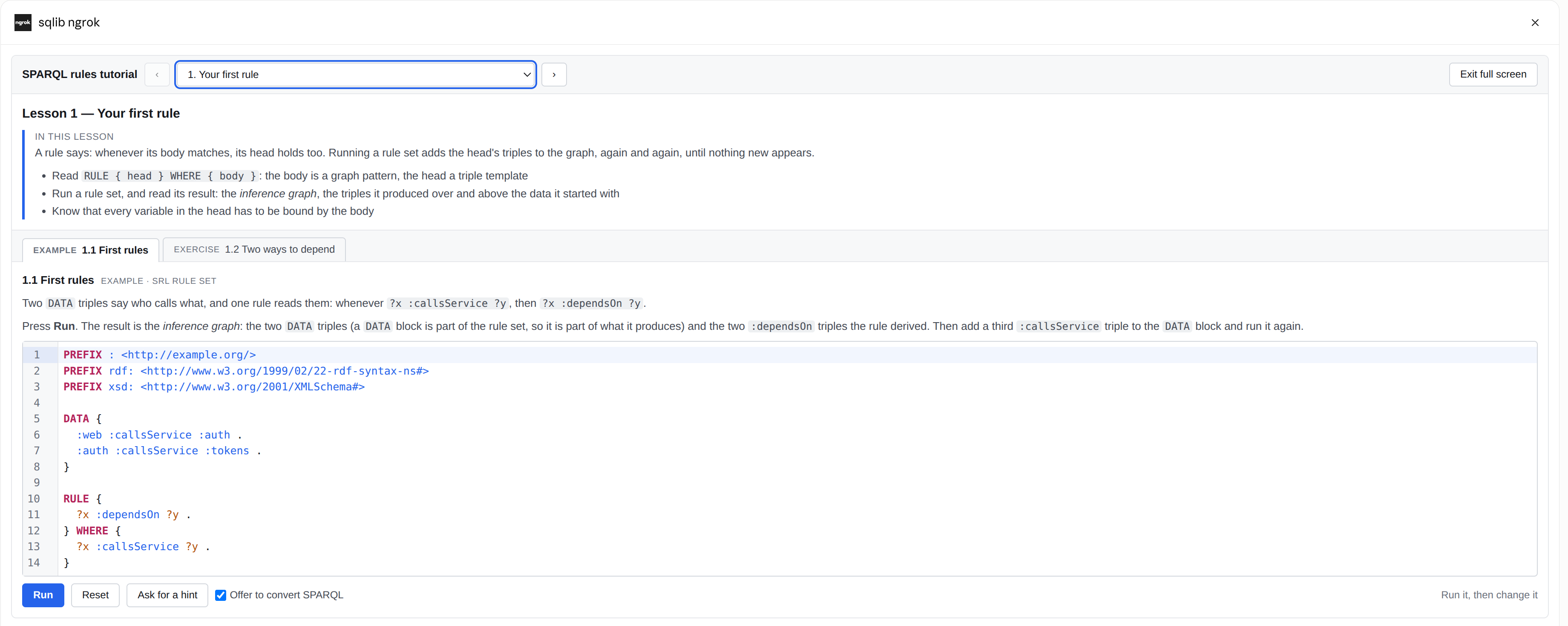 Lesson 1 of the SPARQL rules tutorial rendered inside a chat client